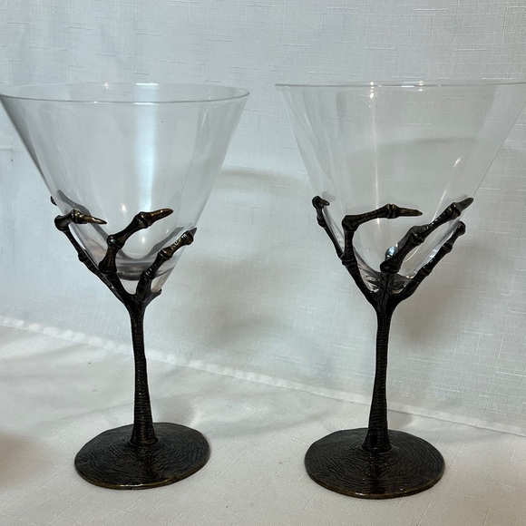 x2 Bronze Skeleton Hand Stem Martini Glasses Halloween NEW - Picture 1 of 5